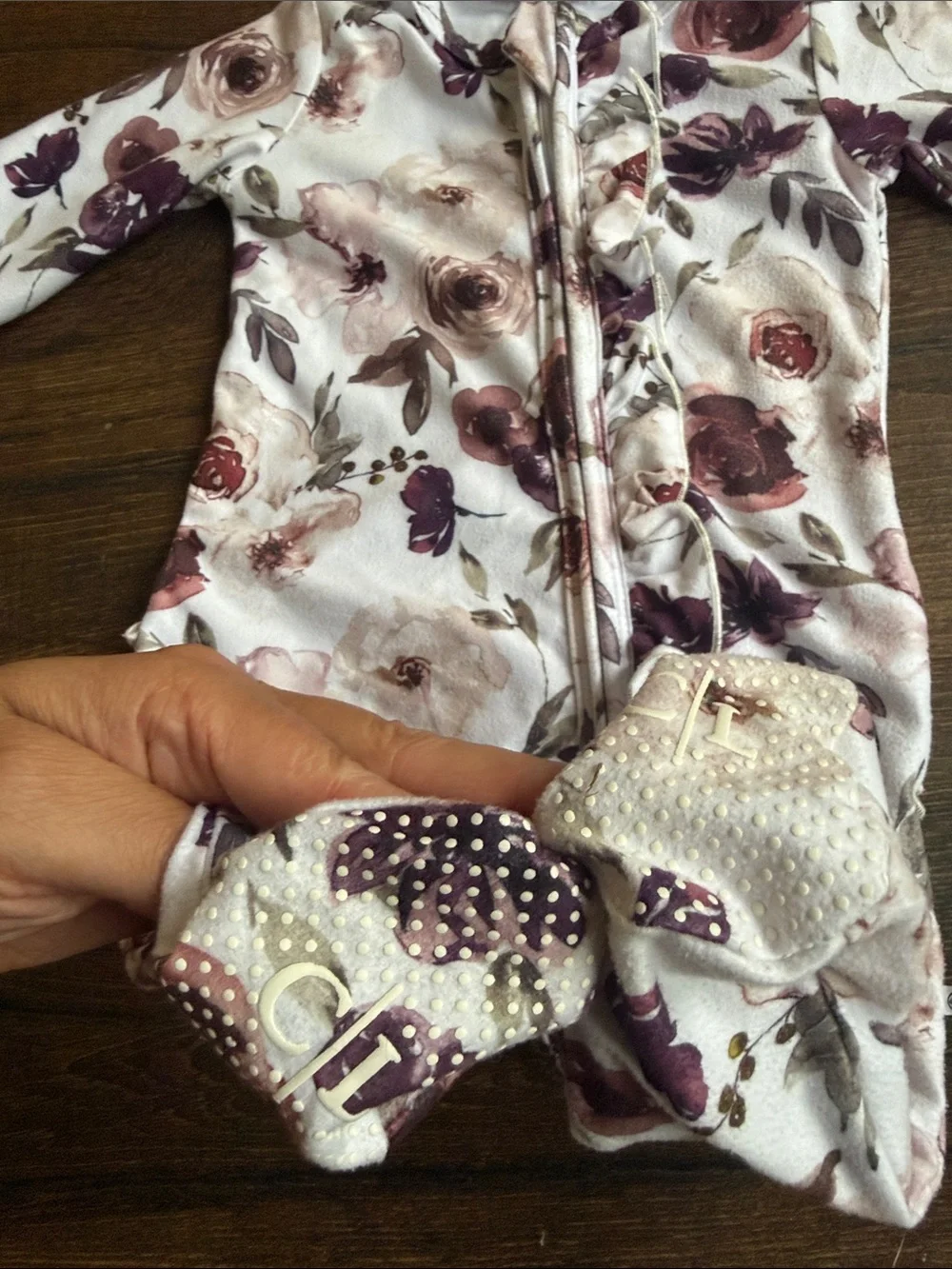 Caden Lane Floral Footed One-Piece in Cream and Plum